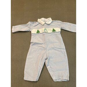 Carriage Boutique Smocked And Embroidered Christmas Trees On Blue Gingham Romper